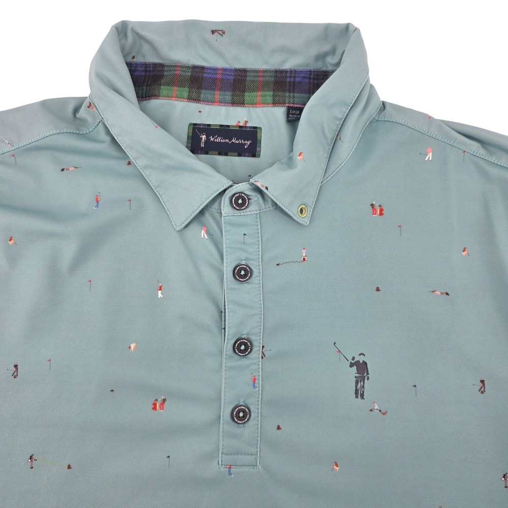 William Murray Golf Polo Mens Large Blue Green Golfer Print Performance  Shirt